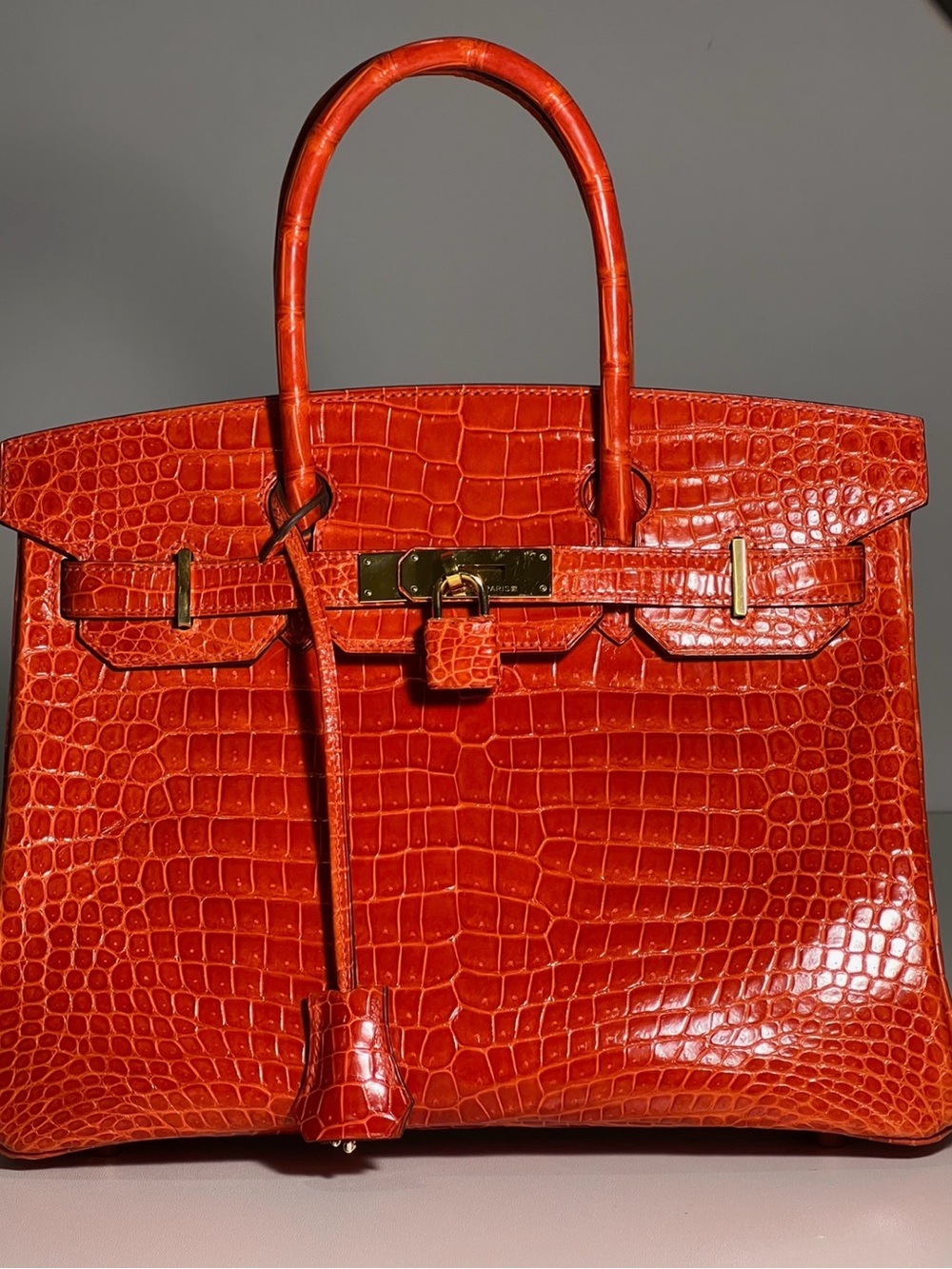 HERMES POROSUS CROCODILE BIRKIN 30 GHW FEU ORANGE